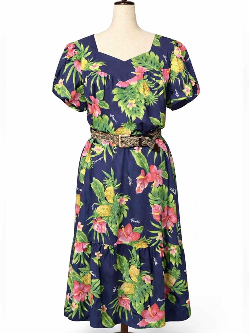 Vintage Hawaiian dress with bottom ruffle, blue with "Hawaii" script muumuu. L